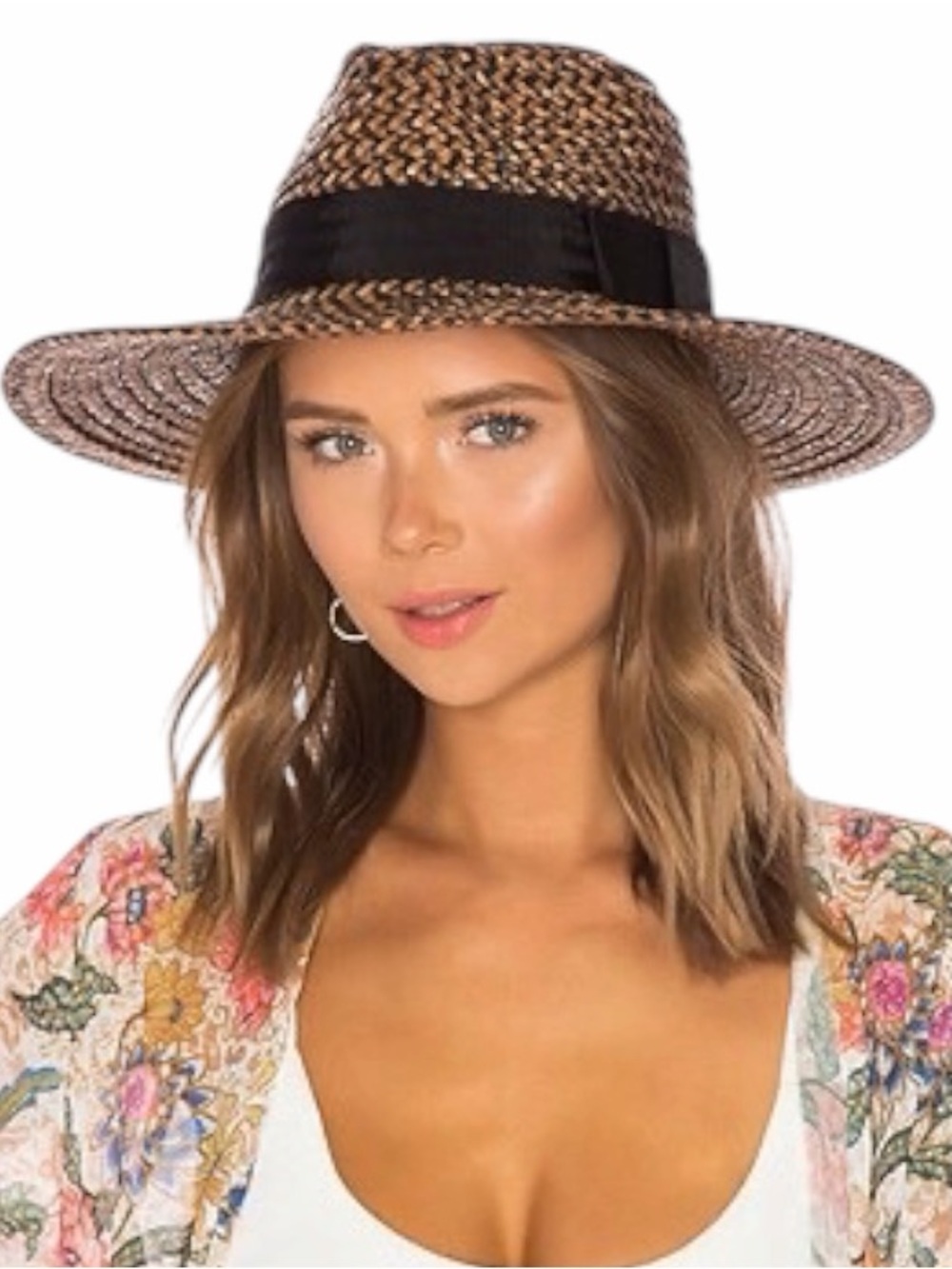 Brixton Joanna Hat Washed Black & Brown Straw Fedora Size Medium